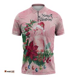 Watercolor Pink Galah Flowers Zipper Polo Shirt Australia Christmas Vibes LT9