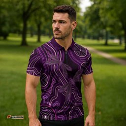 Purple Indigenous Dragonfly Australia Zipper Polo Shirt Aboriginal Art LT14