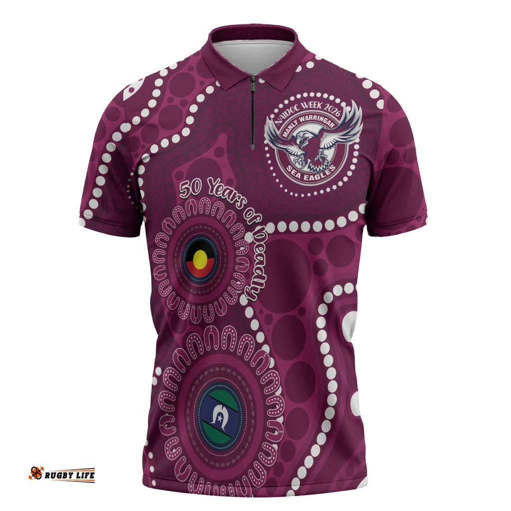 Sea Eagles NAIDOC Week 2026 Personalised Zipper Polo Shirt 50 Years of Deadly Aboriginal Art LT14