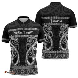 Kia Ora New Zealand Zipper Polo Shirt Maori Language Week Pango Taniko Motif LT14
