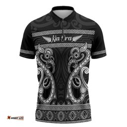 Kia Ora New Zealand Zipper Polo Shirt Maori Language Week Pango Taniko Motif LT14