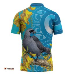 New Zealand Kokako Bird Zipper Polo Shirt Maori Koru With Kowhai Flowers LT05