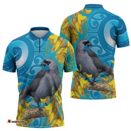 New Zealand Kokako Bird Zipper Polo Shirt Maori Koru With Kowhai Flowers LT05