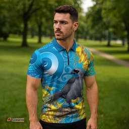 New Zealand Kokako Bird Zipper Polo Shirt Maori Koru With Kowhai Flowers LT05
