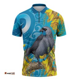New Zealand Kokako Bird Zipper Polo Shirt Maori Koru With Kowhai Flowers LT05