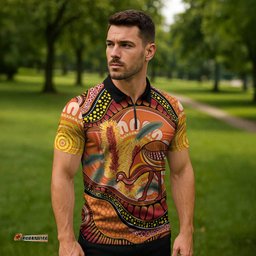 Indigenous Emu Australia Zipper Polo Shirt Australian Bottlebrushes Aboriginal Art Proud LT14