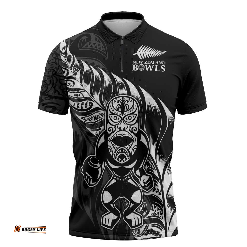 New Zealand Lawn Bowls Custom Zipper Polo Shirt Black Maori Warrior Tribal Silver Fern LT9