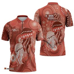 NAIDOC Deadly 50 Years Zipper Polo Shirt Jellyfish Aboriginal Culture Inspired Red LT9
