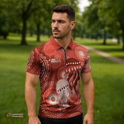 NAIDOC Deadly 50 Years Zipper Polo Shirt Jellyfish Aboriginal Culture Inspired Red LT9