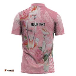 Personalised Galah Cockatoo Eucalyptus Flowers Zipper Polo Shirt Australian Breast Cancer Spirit LT9