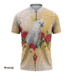 New Zealand Aotearoa Cockatoo Zipper Polo Shirt Maori Pattern With Pohutukawa Flowers LT05