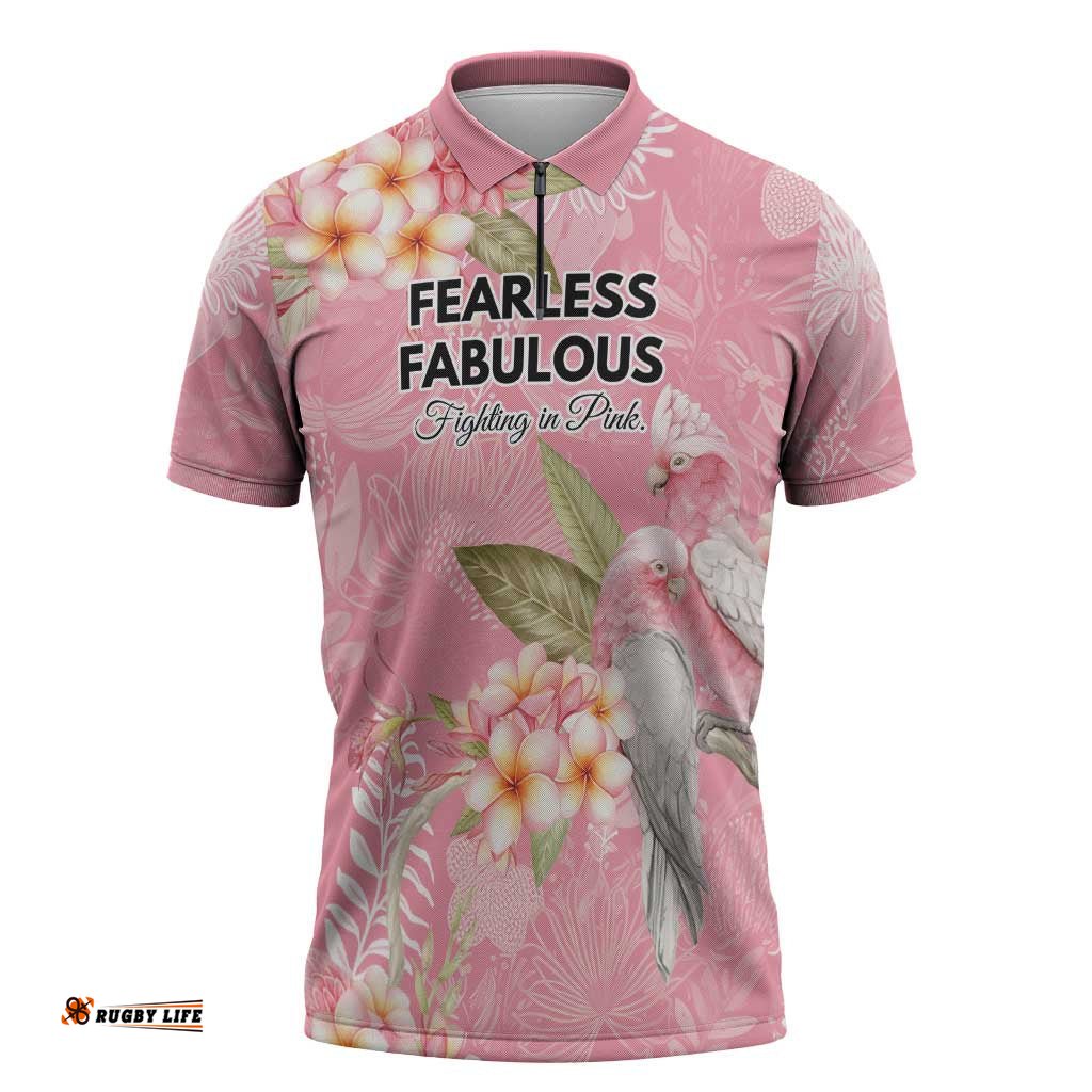Personalised Galah Cockatoo Fighting in Pink Zipper Polo Shirt Australian Breast Cancer Spirit LT9