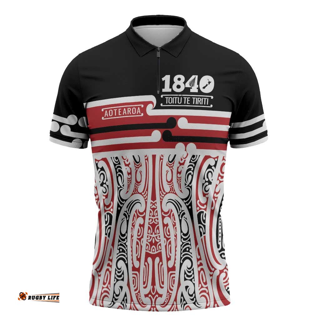 Personalised Toitu Te Tiriti Aotearoa 1840 Zipper Polo Shirt Red Kowhaiwhai Puhoro LT9