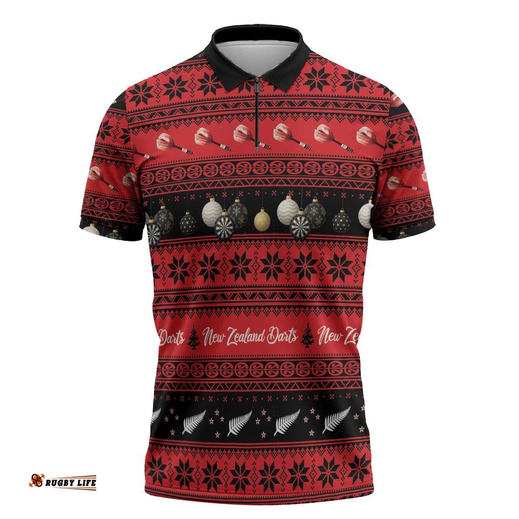 New Zealand Darts Christmas Zipper Polo Shirt Merry Xmas Aotearoa Maori Red LT14