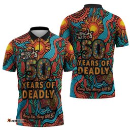 NAIDOC Week 26 Zipper Polo Shirt 50 Years of Deadly Aboriginal Motif LT03