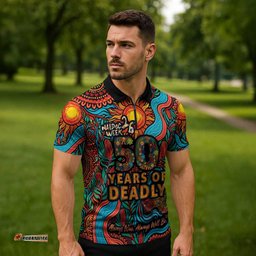 NAIDOC Week 26 Zipper Polo Shirt 50 Years of Deadly Aboriginal Motif LT03