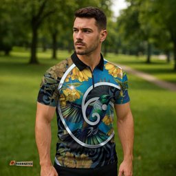 New Zealand Tui Bird Zipper Polo Shirt Maori Koru With Kowhai Flowers LT05