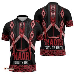 Toitu Te Tiriti Waitangi Zipper Polo Shirt Black Wharenui House LT9