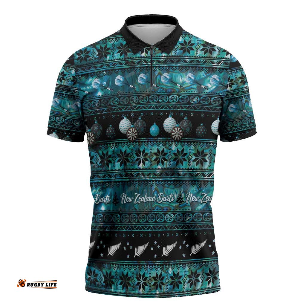 New Zealand Darts Christmas Zipper Polo Shirt Merry Xmas Aotearoa Maori Paua Shell LT14