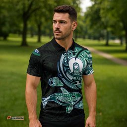 Whale and Dhari Torres Strait Islands Zipper Polo Shirt Deep Green Oceanic Tribal Pattern Art TS04