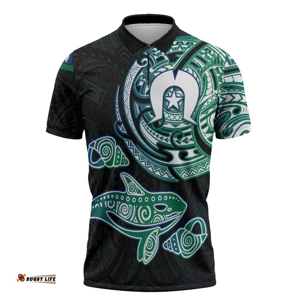 Whale and Dhari Torres Strait Islands Zipper Polo Shirt Deep Green Oceanic Tribal Pattern Art TS04