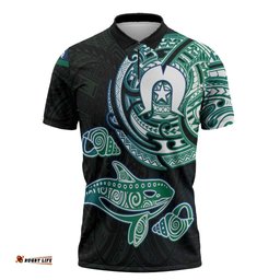 Whale and Dhari Torres Strait Islands Zipper Polo Shirt Deep Green Oceanic Tribal Pattern Art TS04