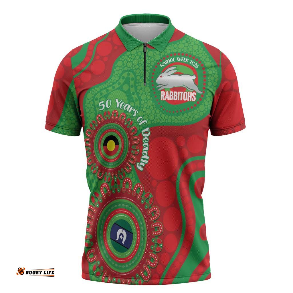 Rabbitohs NAIDOC Week 2026 Personalised Zipper Polo Shirt 50 Years of Deadly Aboriginal Art LT14