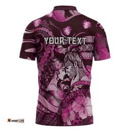 Personalised Maori Romantic Valentine Zipper Polo Shirt The Hongi Kiss Pink Galaxy DT05