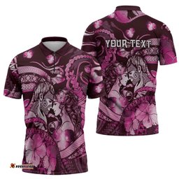 Personalised Maori Romantic Valentine Zipper Polo Shirt The Hongi Kiss Pink Galaxy DT05