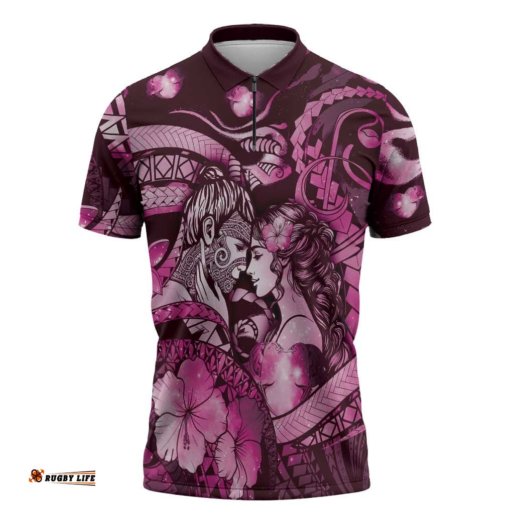Personalised Maori Romantic Valentine Zipper Polo Shirt The Hongi Kiss Pink Galaxy DT05