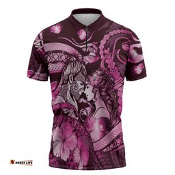 Personalised Maori Romantic Valentine Zipper Polo Shirt The Hongi Kiss Pink Galaxy DT05