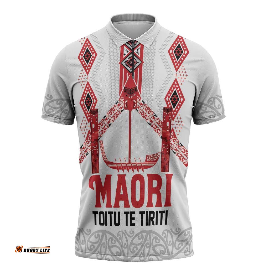 Toitu Te Tiriti Waitangi Zipper Polo Shirt White Wharenui House LT9