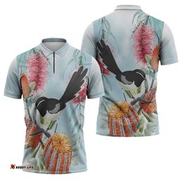 Willie wagtail Australia Zipper Polo Shirt Banksia Bottlebrushes Watercolor Stylized LT14