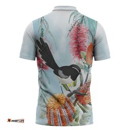 Willie wagtail Australia Zipper Polo Shirt Banksia Bottlebrushes Watercolor Stylized LT14