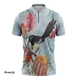 Willie wagtail Australia Zipper Polo Shirt Banksia Bottlebrushes Watercolor Stylized LT14