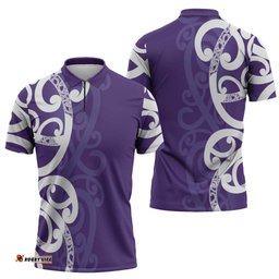 Violet Green Maori Zipper Polo Shirt Koru Kowhaiwhai LT7