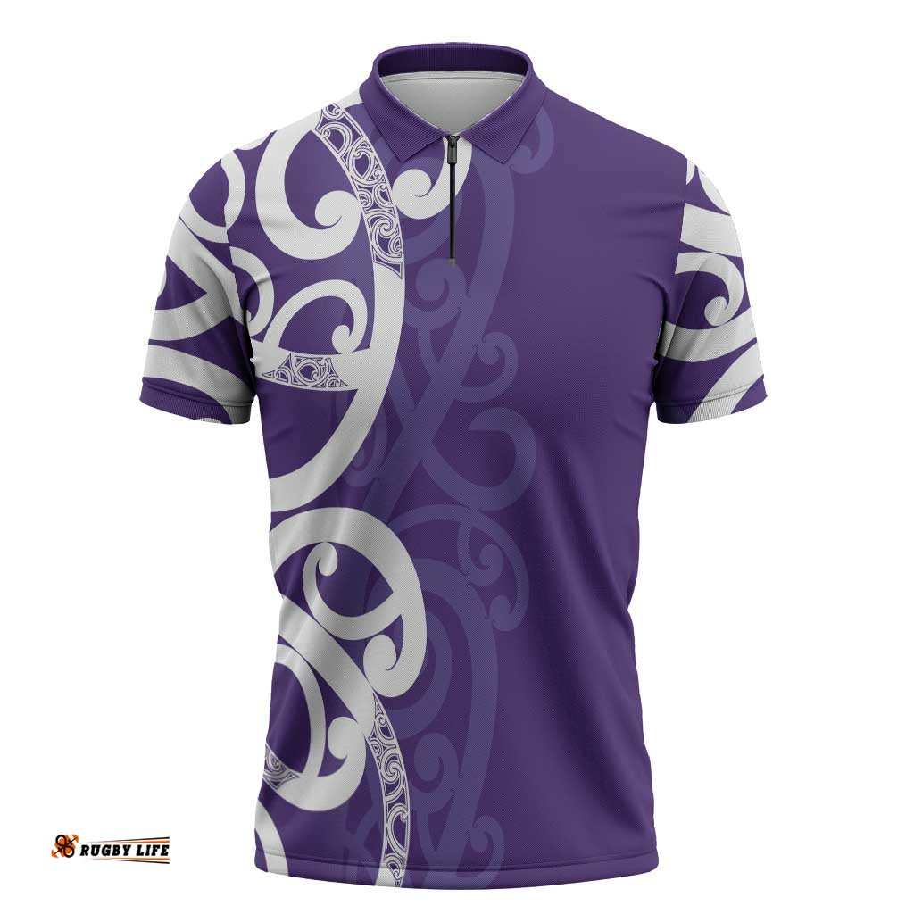 Violet Green Maori Zipper Polo Shirt Koru Kowhaiwhai LT7
