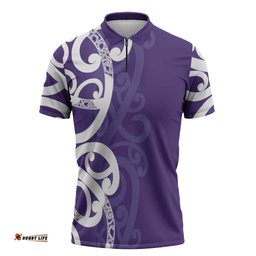 Violet Green Maori Zipper Polo Shirt Koru Kowhaiwhai LT7