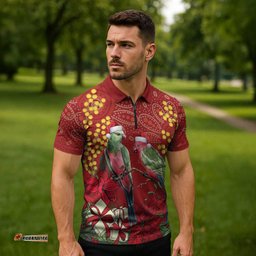 Merry Chrissie Australia King Parrots Zipper Polo Shirt Aboriginal Art LT7