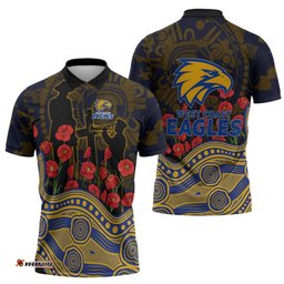 West Coast Eagles ANZAC Day Zipper Polo Shirt Indigenous Dot Art with Poppy Flower Tribute TS04