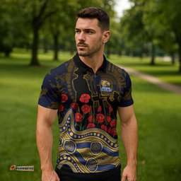 West Coast Eagles ANZAC Day Zipper Polo Shirt Indigenous Dot Art with Poppy Flower Tribute TS04