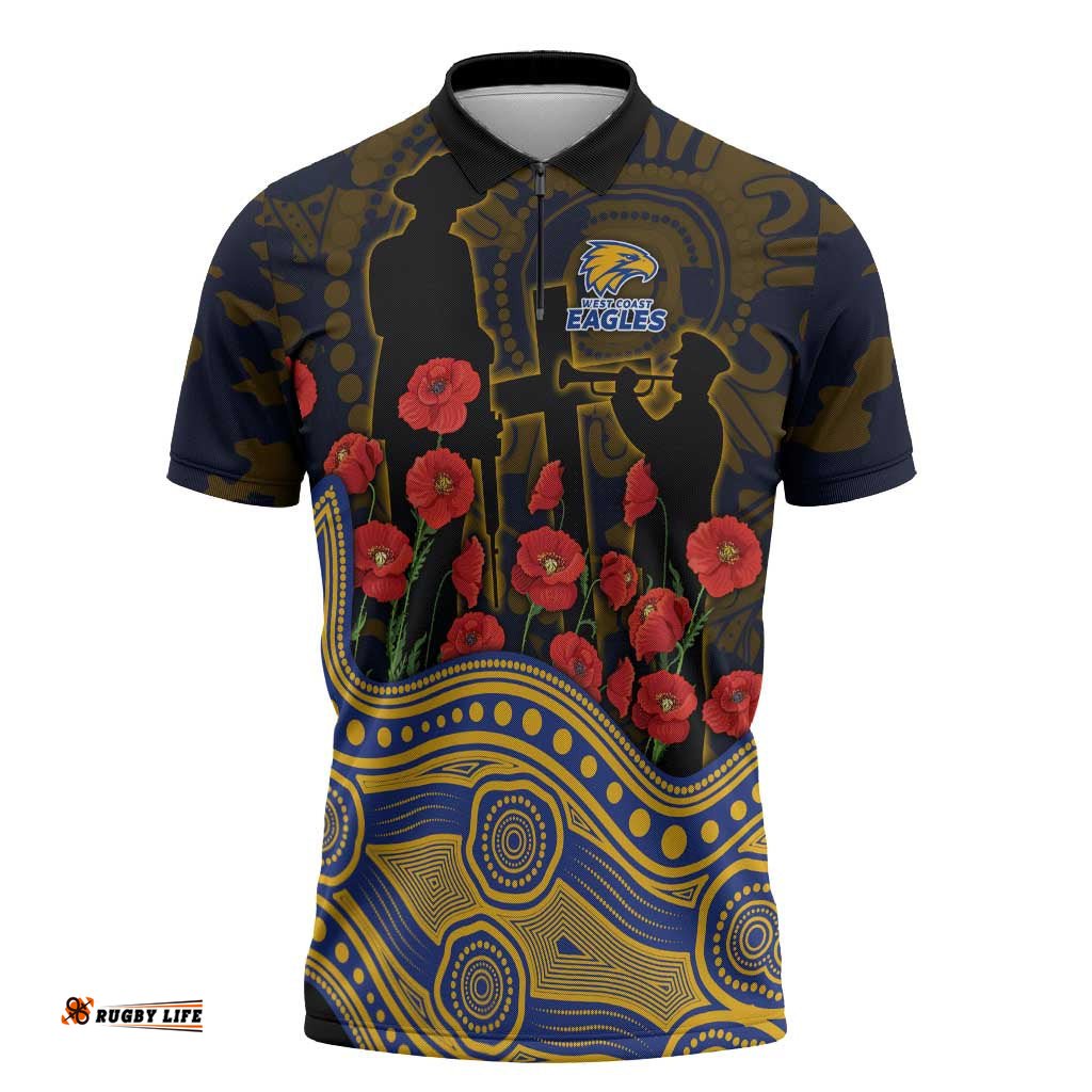 West Coast Eagles ANZAC Day Zipper Polo Shirt Indigenous Dot Art with Poppy Flower Tribute TS04