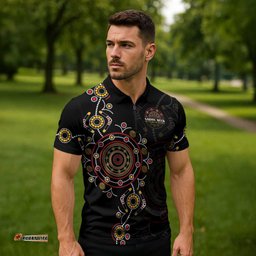NAIDOC Deadly 50 Years Zipper Polo Shirt Aboriginal Black Gold Boomerang Art LT9