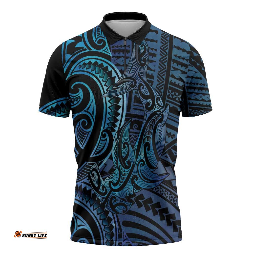 New Zealand Hammerhead Shark Zipper Polo Shirt Maori Haehae Mangopare Galaxy LT14