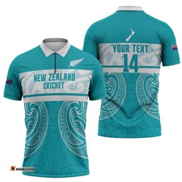 New Zealand Silver Fern Cricket Custom Zipper Polo Shirt Black Cap Teal Maori Pattern LT14