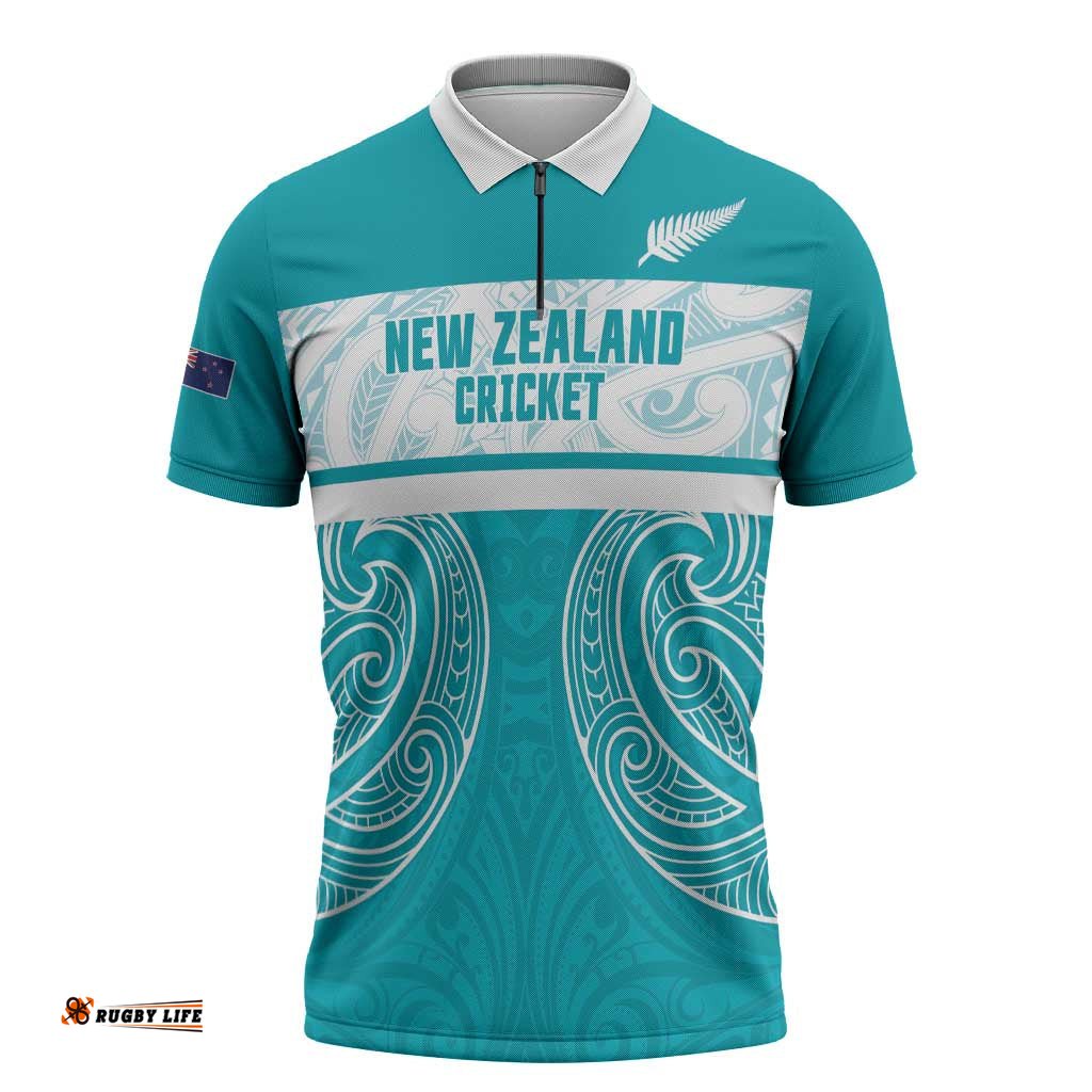 New Zealand Silver Fern Cricket Custom Zipper Polo Shirt Black Cap Teal Maori Pattern LT14