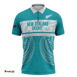 New Zealand Silver Fern Cricket Custom Zipper Polo Shirt Black Cap Teal Maori Pattern LT14