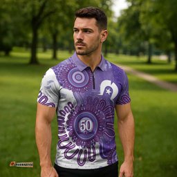 NAIDOC Week 2026 Zipper Polo Shirt 50 Years Deadly Dhari Purple Aboriginal Art LT14