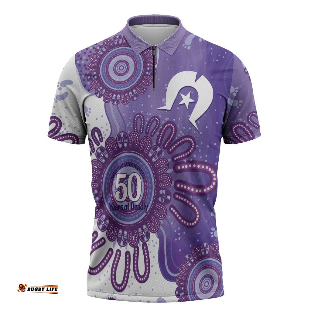 NAIDOC Week 2026 Zipper Polo Shirt 50 Years Deadly Dhari Purple Aboriginal Art LT14