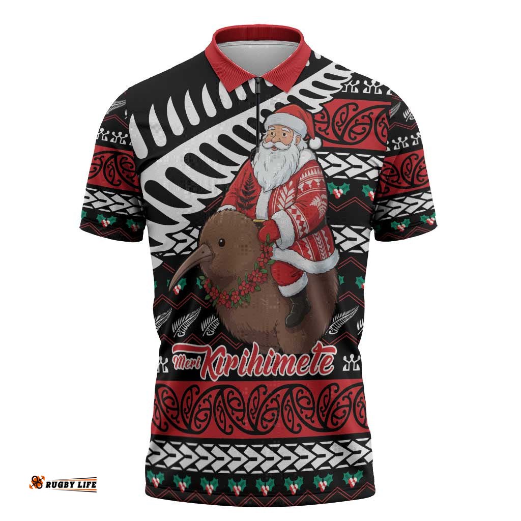 New Zealand Kiwi Santa Christmas Zipper Polo Shirt He Wairua Kirihimete LT9